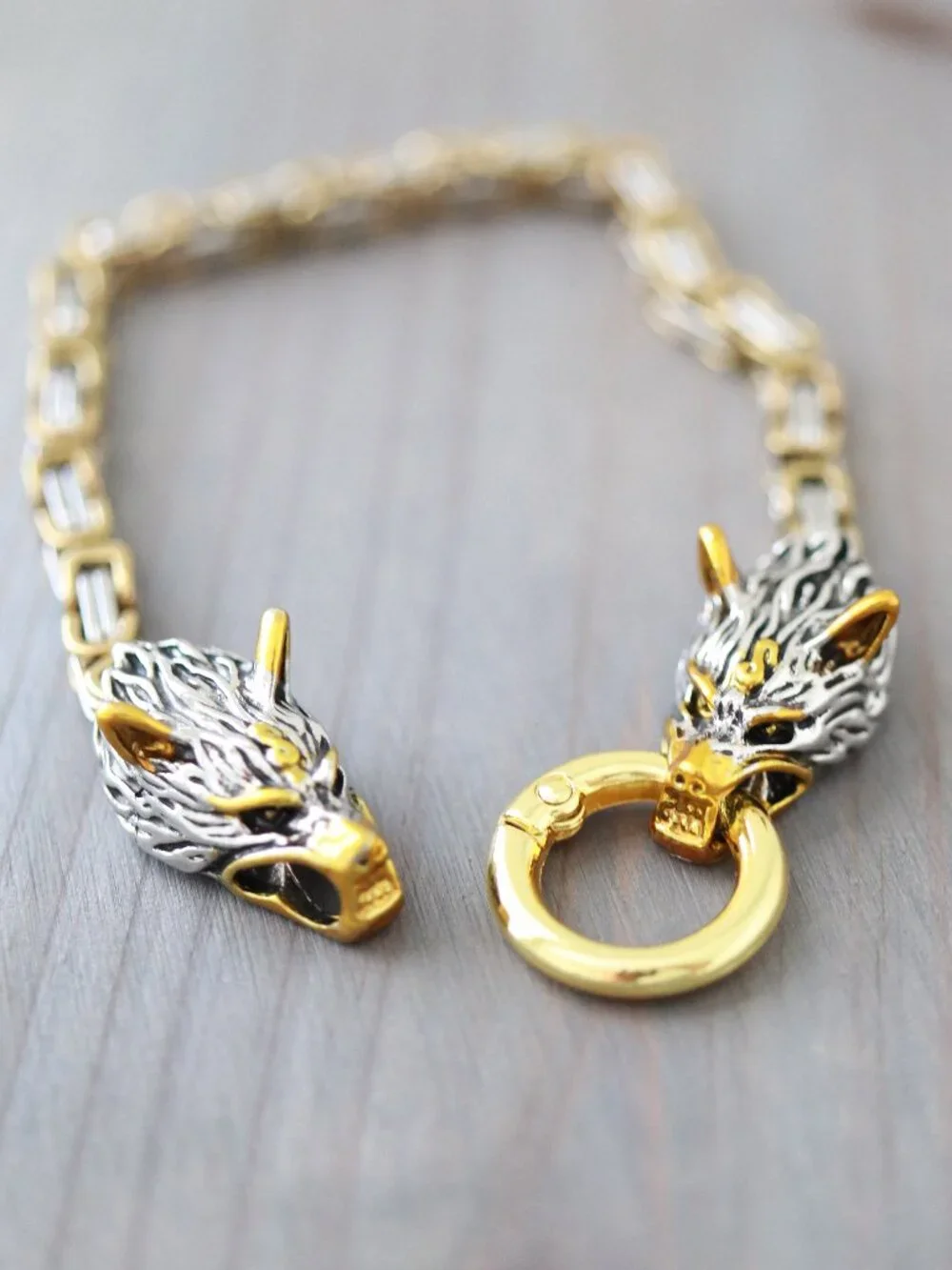 Wolf Double Head Viking Style Byzantine Chain Bracelet 2-Tone Stainless Steel